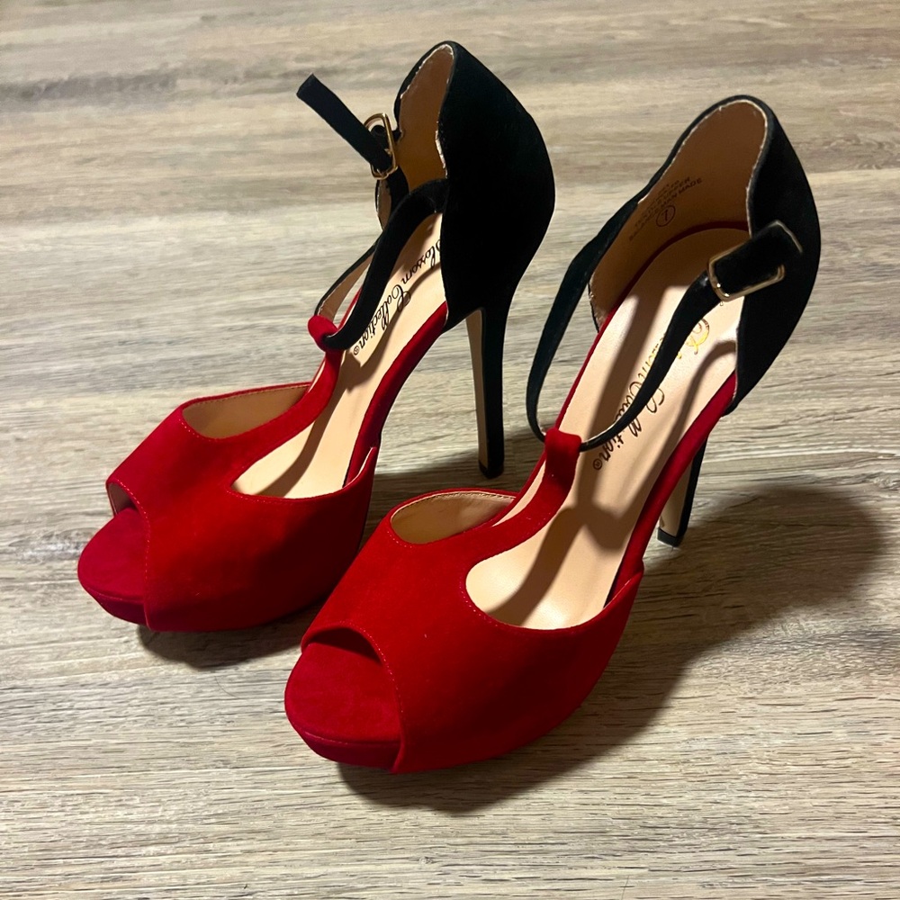 Red and Black Suede Formal Stilettos